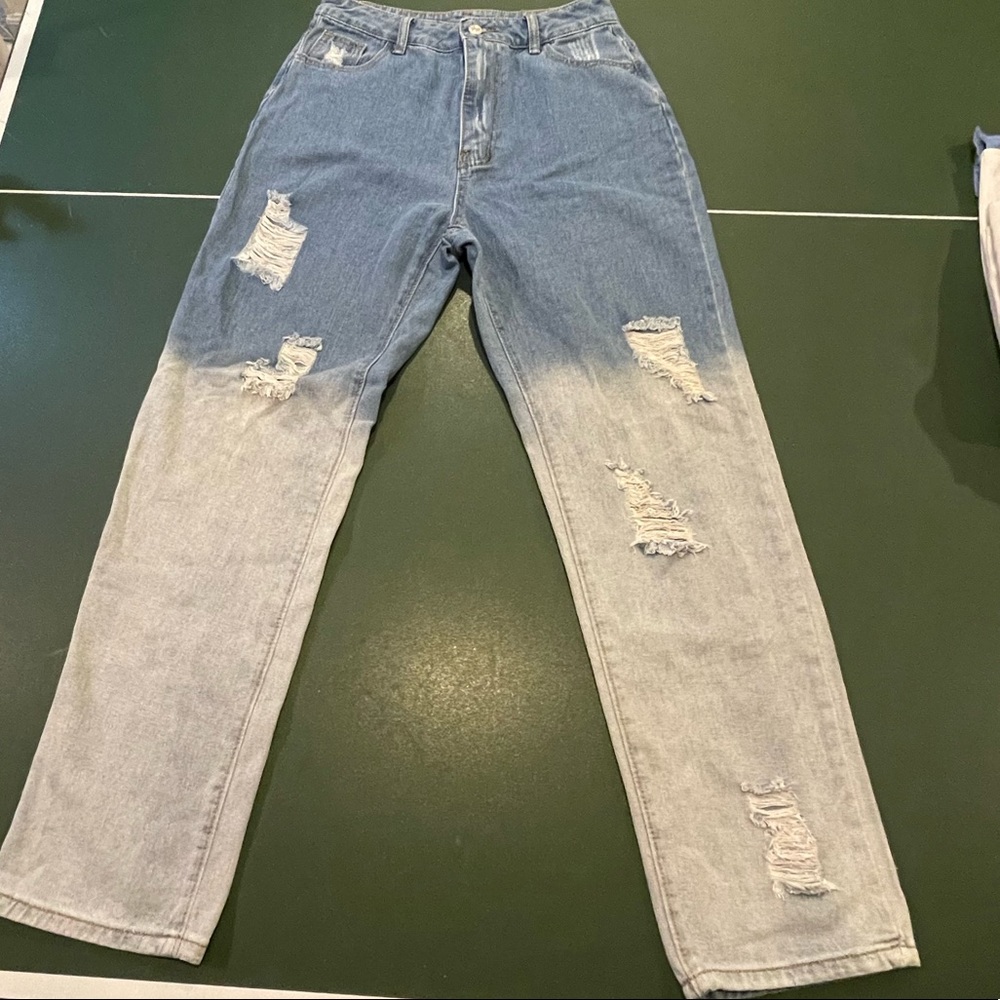 Two-Toned High-Rise Mom-Fit Ripped Jeans